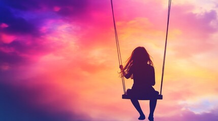 Silhouette of a Girl on a Swing at Sunset