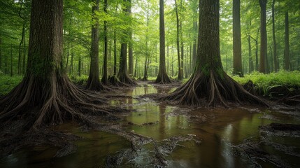 Obraz premium Lush forest with waterlogged roots and serene greenery.