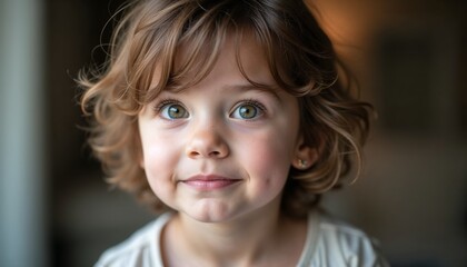 Cute little girl with curly hair smiling brightly in a cozy indoor setting, close up
