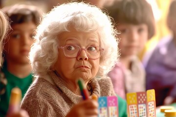 Elderly woman focused on bingo game at community hall with colorful cards