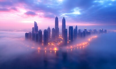 scenic of wonderful golden sunset skyline with cityscape buildings and ocean
