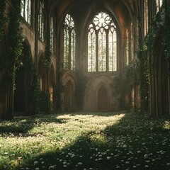 Obraz premium Overgrown Gothic cathedral with lush greenery and ornate architectural details