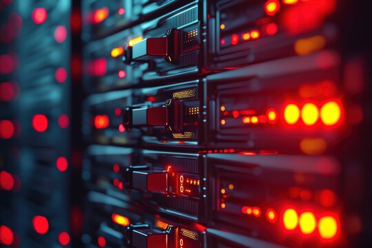 Data Center Technology: Detailed Close-Up of Server Panel with Flashing LEDs for IT Infrastructure
