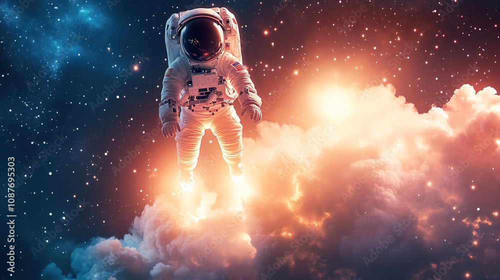 Poster astronaut floating in the cosmos surrounded by vibrant clouds and distant stars at night. generative