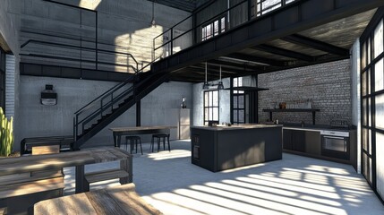 Modern Loft Apartment Kitchen and Living Space Design