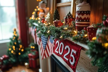 Festive garland with mini American flags and "2025" bunting draped across a mantel