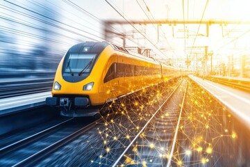 Naklejka premium A train is moving on the tracks with a yellow and orange color