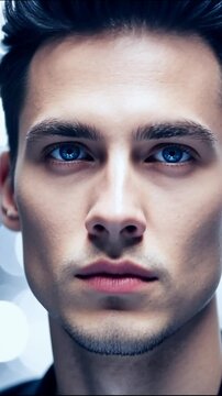 A young man with blue eyes and dark hair looks directly at the camera