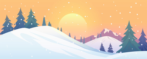 Naklejka premium Winter mountains in snowy weather at sunset. Winter landscape of a forest against a background of mountains and snow. Winter nature vector illustration for Christmas design. 
