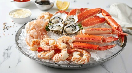 A fresh seafood platter featuring oysters, shrimp