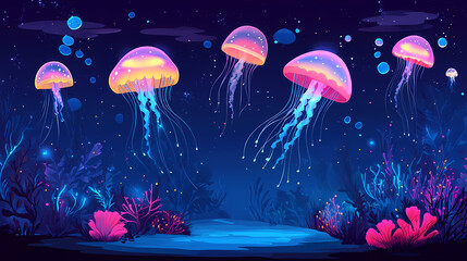Vivid jellyfish swimming in deep blue ocean bioluminescent marine life. Luminous Jellyfish Bloom. Illustration