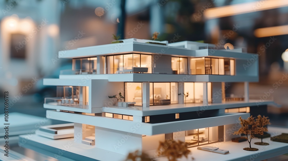 Poster modern architectural model showcasing contemporary design with elegant features, large windows, and 