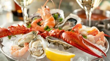 A fresh seafood platter with lobster tail, crab legs