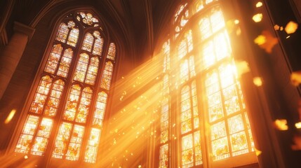 Obraz premium Sunlit stained glass window with intricate floral patterns, tall and radiant, with text space in the middle