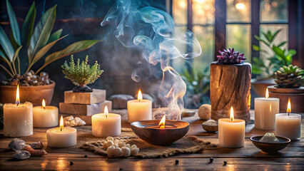 Tranquil Meditation Space with Candles. Perfect for: Meditation retreats, Peaceful spaces, Spiritual healing events