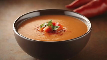 A warming bowl of pumpkin soup with a garnish of roasted bell peppers and a sprinkle of chili powder.