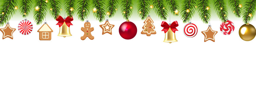 Christmas Garland And Xmas Toys Wth White background