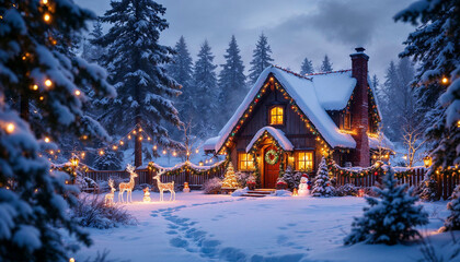 Snowy Christmas cottage with lights, decorations, and a cozy, festive countryside vibe.

