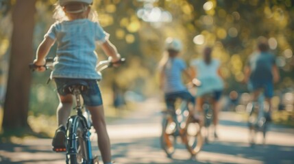 Fototapeta premium Unfocused families enjoying a leisurely bike ride around the parks perimeter.
