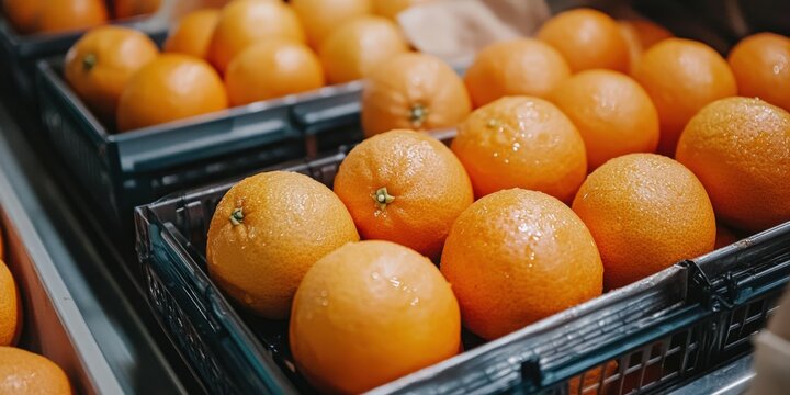 Fresh oranges displayed in crates at a market in the afternoon sun