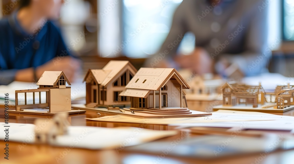 Poster Wooden Architectural Models on a Table with People Collaborating in Background, Showcasing Creative Process of Design and Building Construction
