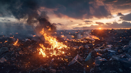 Naklejka premium Plastic Waste Incineration with Toxic Smoke: Burning plastic releasing harmful smoke, highlighting pollution and risks to air quality and health.