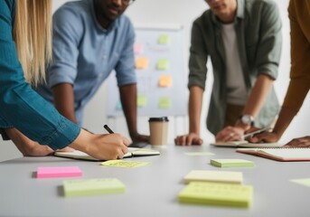 Coworkers taking notes and brainstorming during a meeting, using colorful sticky notes and notebooks