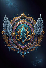 Fototapeta premium Gorgeous ornament with gold and blue elements in the shape of a symbol on a dark background, surrounded by details, flowers and leaves