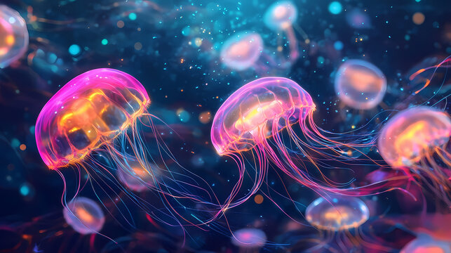 Colorful bacteria are actively engaged with antibodies showcasing a lively interaction amidst a microscopic backdrop filled with luminous particles. Luminous Jellyfish Bloom. Illustration