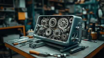 Fototapeta premium Close-up of a mechanical gear assembly on a workbench surrounded by tools in a workshop environment.