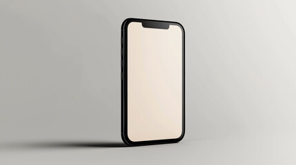 Minimalist image of a modern smartphone with a blank screen on a gray background, showcasing a sleek and thin design with rounded edges and a prominent notch at the top.