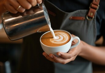 Young asian barista pouring milk into coffee cup, creating latte art design in a cafe