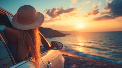 Fototapeta premium Freedom, adventure and woman by car for road trip watching sunset on summer vacation or holiday. Travel, beach and back of person by sea