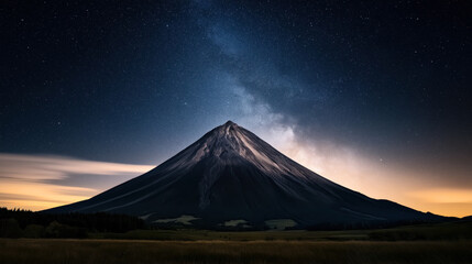 Majestic mountain peak under a starry night sky with the Milky Way and scattered clouds in a tranquil landscape scene