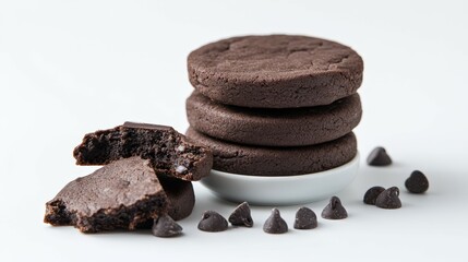 Fototapeta premium Delicious dark chocolate cookies stacked with chocolate chips around them