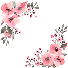 Pink floral corner frame watercolor style clipart on white background with defined edges