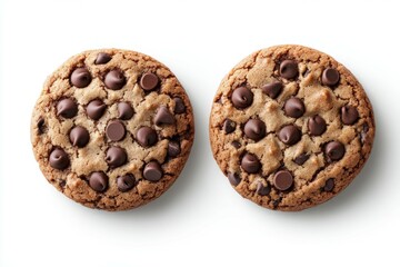 Freshly baked chocolate chip cookies on a white background