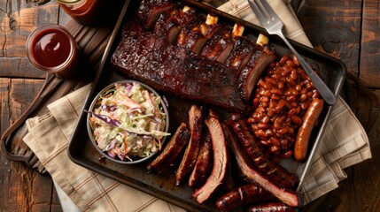 A hearty BBQ platter with ribs, sausage