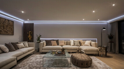 LED lighting and strip lighting. Also known as ribbon lights or LED tape, these lights are suspended from the plasterboard ceiling in empty living rooms. Technology and interior design for homes.