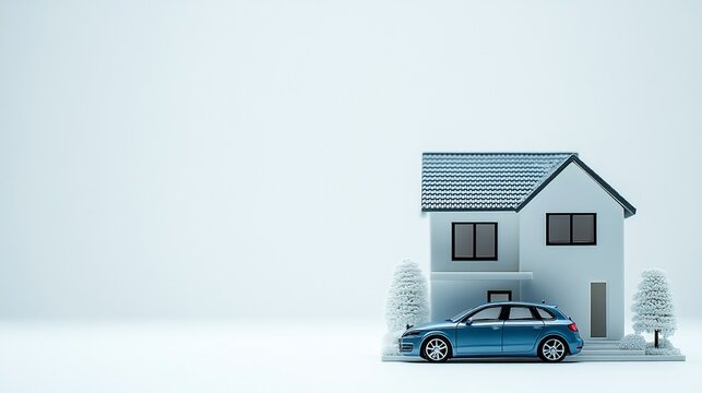 Miniature House and Car Model in Winter Wonderland Landscape