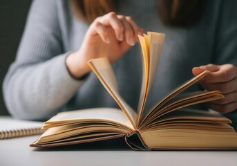 Young caucasian woman delicately turning pages of an open book, enjoying reading in a quiet...