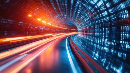 Abstract Digital Tunnel background binary code information flows through cyberspace creating a big data tunnel