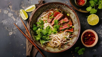 A hearty bowl of beef pho with rice noodles, thinly sliced beef