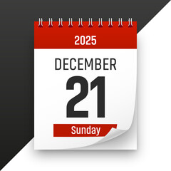 Date 21 December 2025 year realistic calendar day page design