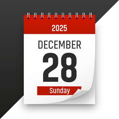 Date 28 December 2025 year realistic calendar day page design