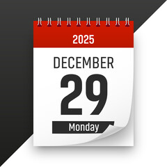 Date 29 December 2025 year realistic calendar day page design