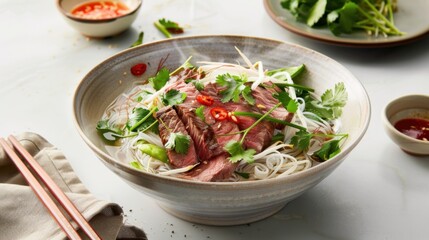 A hearty bowl of beef pho with rice noodles, thinly sliced beef