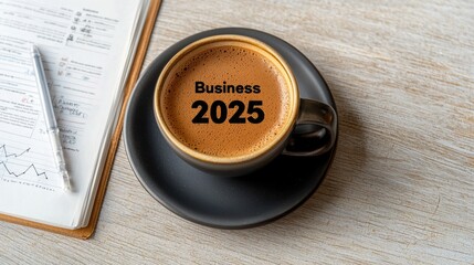 A coffee cup on a saucer displays "Business 2025," surrounded by a pen and documents, symbolizing future planning and professional growth.