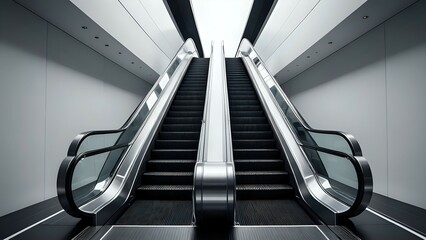 Modern architecture, twin escalators ascend in a sleek, minimalist interior.  A design concept emphasizing lines and space.