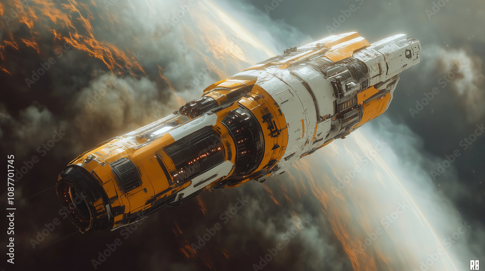 Poster A futuristic spacecraft navigates through the clouds of a distant planet in a dramatic cosmic landscape during twilight. Generative AI